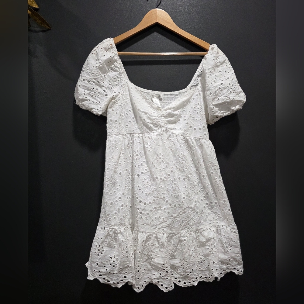 Altar'd State White Puff Sleeve Eyelet Smocked Back Babydoll Mini Dress L